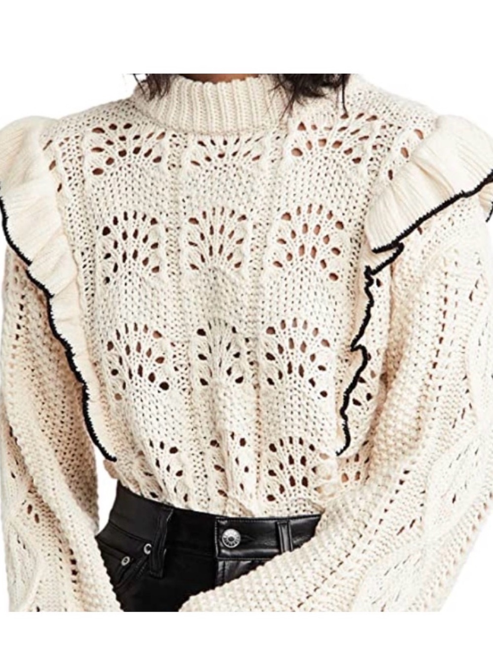 En Sasion Dee Ruffle Sweater chucky Cream Knit Black Trim Size xs